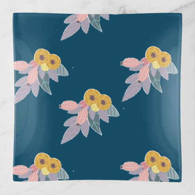 Trendy floral pattern on navy blue trinket tray (Front)