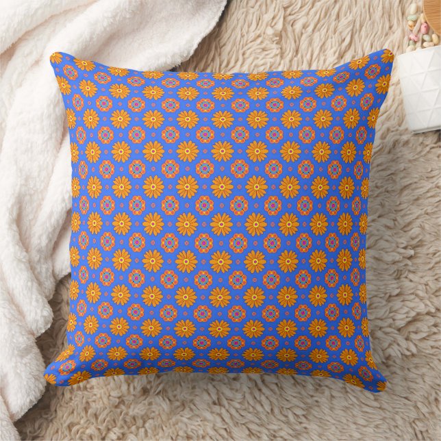 Trendy Floral Pattern - Orange Blue Throw Pillow (Blanket)