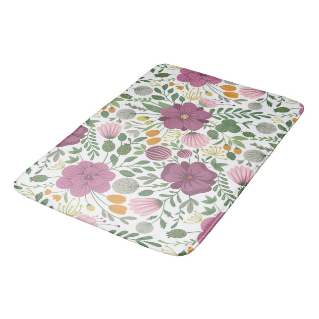 Trendy Floral Pattern Pink Yellow Purple Greenery  Bath Mat (Angled)