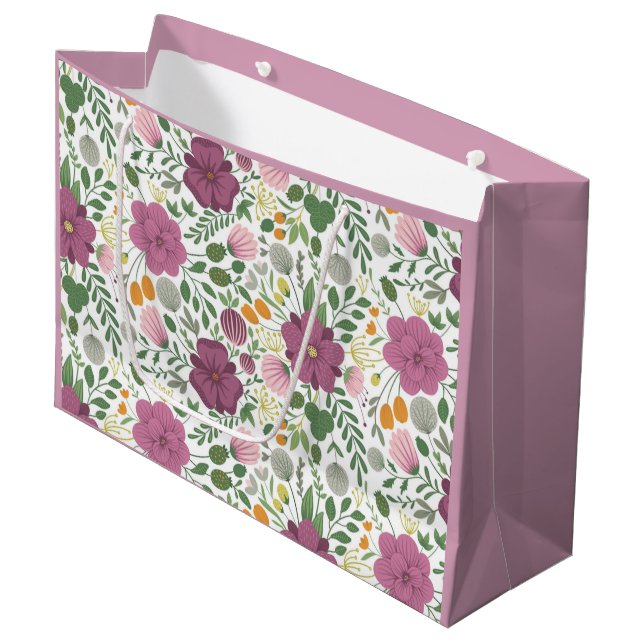 Trendy Floral Pattern Pink Yellow Purple Greenery  Large Gift Bag (Front Angled)