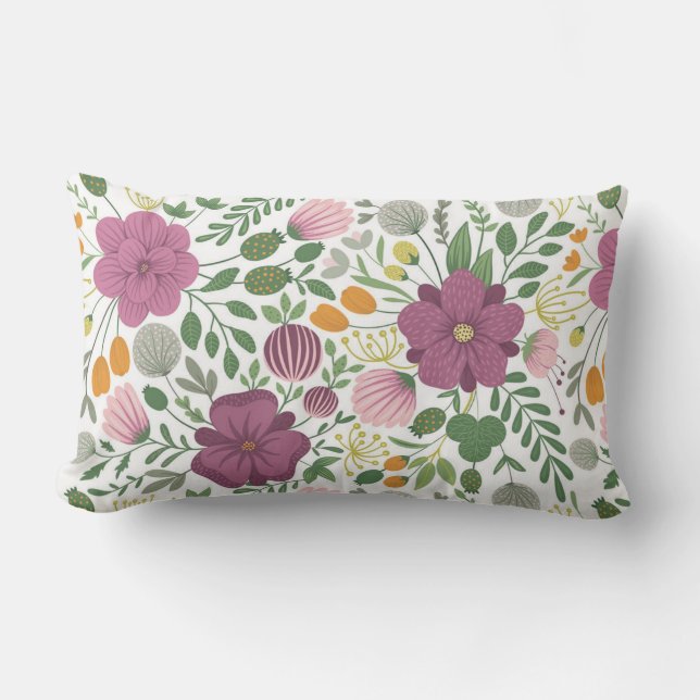 Trendy Floral Pattern Pink Yellow Purple Greenery Lumbar Pillow (Front)