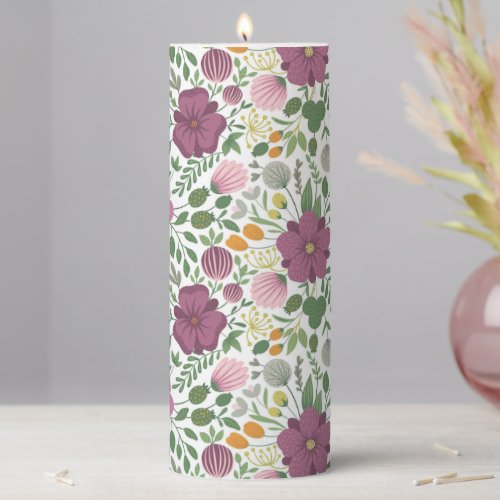 Trendy Floral Pattern Pink Yellow Purple Greenery  Pillar Candle