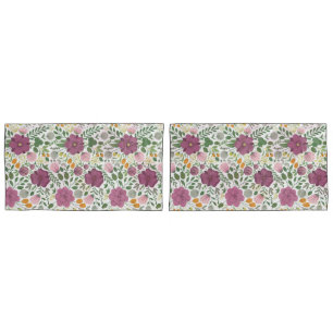 Trendy Floral Pattern Pink Yellow Purple Greenery  Pillow Case