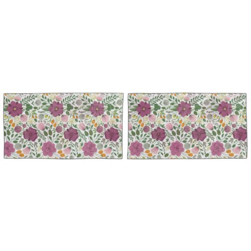 Trendy Floral Pattern Pink Yellow Purple Greenery  Pillow Case