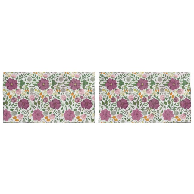 Trendy Floral Pattern Pink Yellow Purple Greenery  Pillow Case (Front-Set)