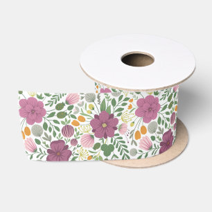 Trendy Floral Pattern Pink Yellow Purple Greenery Satin Ribbon
