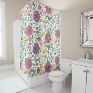 Trendy Floral Pattern Pink Yellow Purple Greenery Shower Curtain