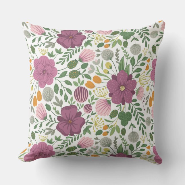 Trendy Floral Pattern Pink Yellow Purple Greenery Throw Pillow (Front)