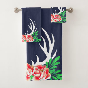 Trendy Floral Peonies & Deer Antlers Bath Towel Set