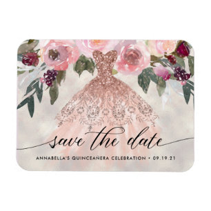 Trendy Floral Photo Quinceañera Save The Date Magnet