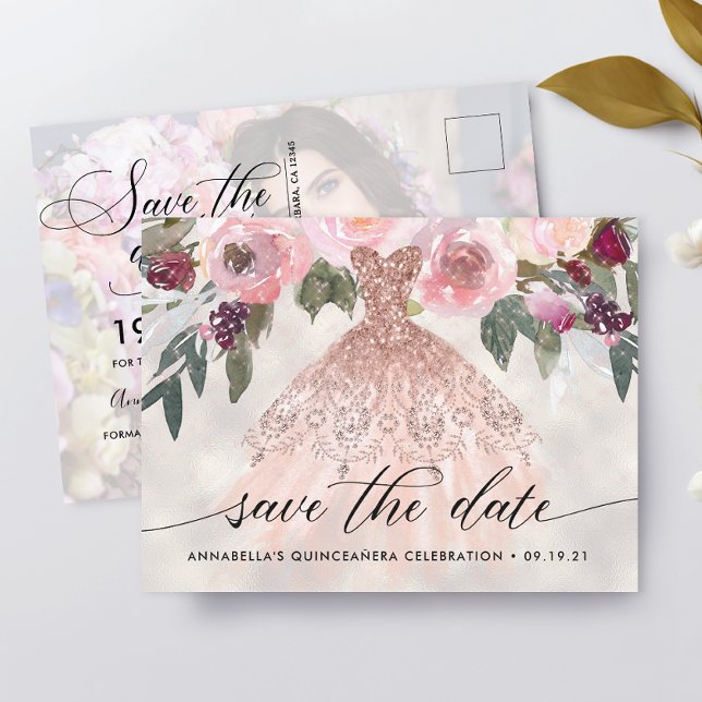 Trendy Floral Photo Quinceañera Save The Date Postcard (Creator Uploaded)
