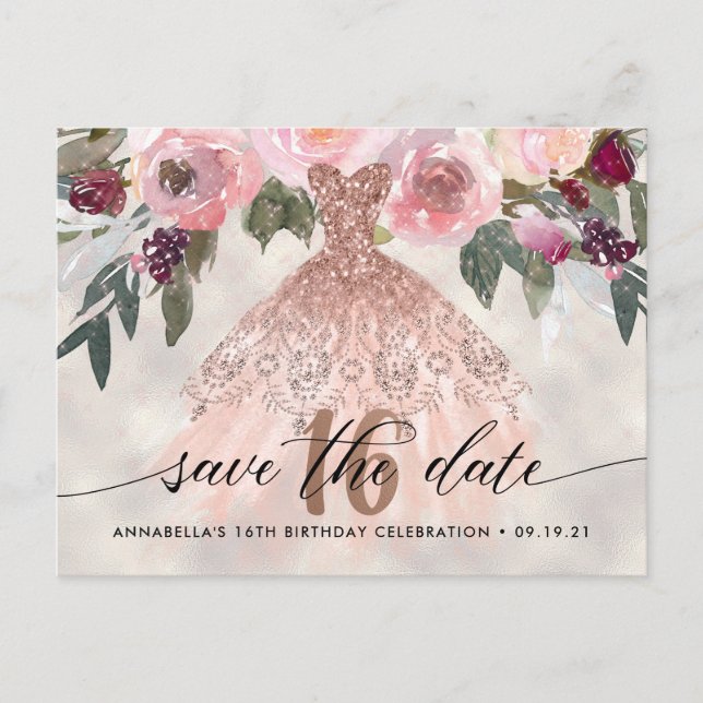 Trendy Floral Photo Sweet 16 Save The Date Postcard (Front)