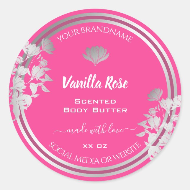 Trendy Floral Pink Product Packaging Labels Silver (Front)