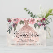 Trendy Floral Rose Gold Gown Quinceañera Invitation (Standing Front)