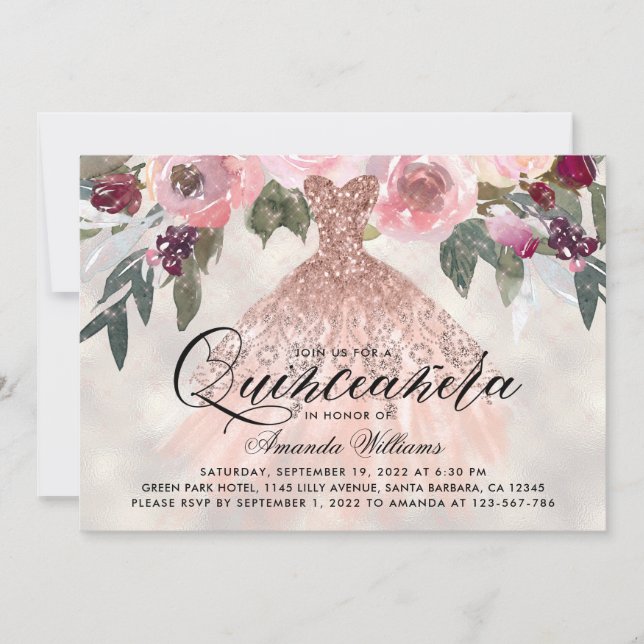 Trendy Floral Rose Gold Gown Quinceañera Invitation (Front)