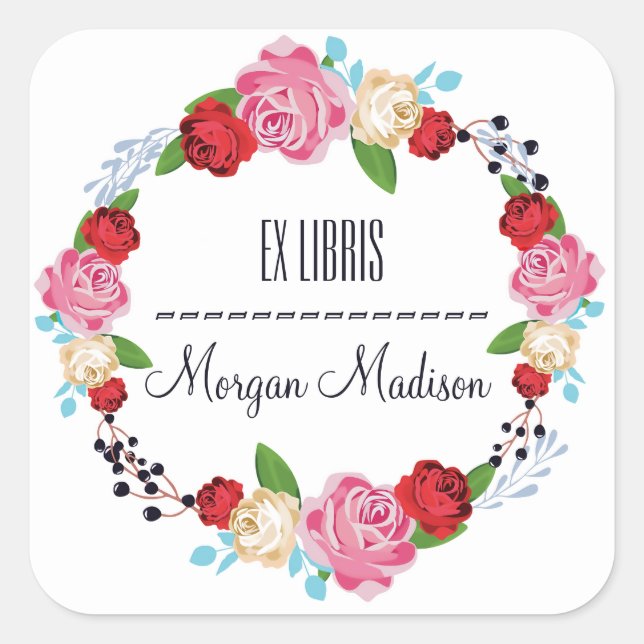 Trendy Floral Roses Wreath Bookplate (Front)