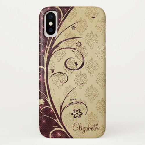 Trendy Floral Swirls  Damask _Personalized iPhone XS Case