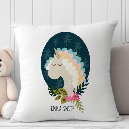 Trendy Floral Unicorn Flowers Custom Monogram Name Throw Pillow