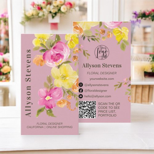 Trendy floral watercolor dusty rose logo qr code business card