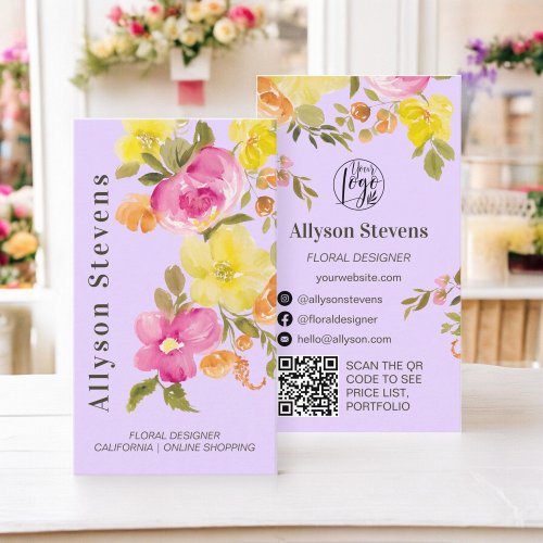 Trendy floral watercolor lavender logo qr code business card