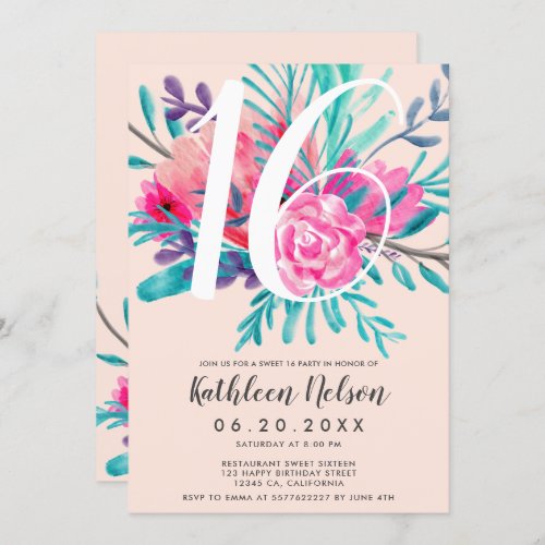 Trendy floral watercolor neon pink sweet sixteen invitation