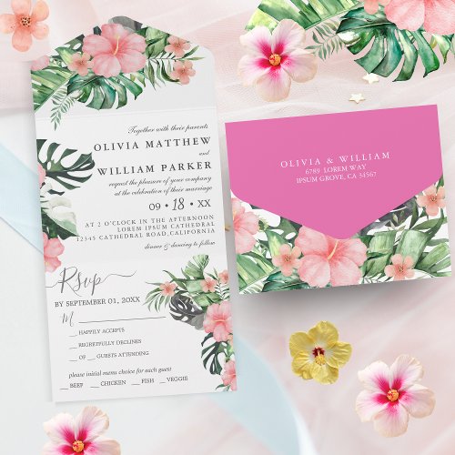 Trendy Floral Watercolor Tropical Greenery Wedding All In One Invitation