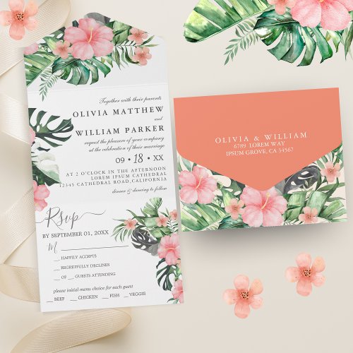 Trendy Floral Watercolor Tropical Greenery Wedding All In One Invitation