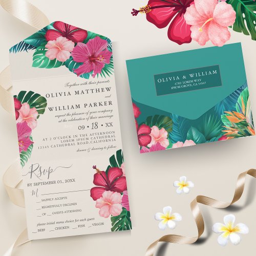 Trendy Floral Watercolor Tropical Greenery Wedding All In One Invitation