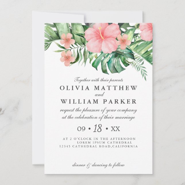 Trendy Floral Watercolor Tropical Greenery Wedding Invitation (Front)