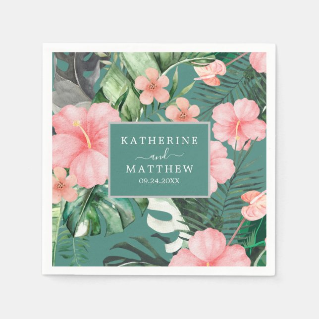 Trendy Floral Watercolor Tropical Greenery Wedding Napkins (Front)