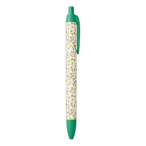 Trendy Floral White Daisies Green Design Template Blue Ink Pen