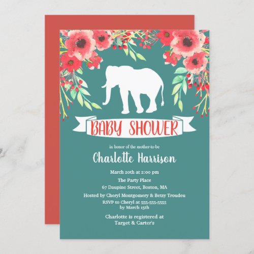 Trendy Floral White Elephant Baby Shower Invitation