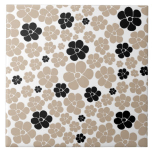 Trendy Flower Pattern in Taupe, Black, and White Ceramic Tile