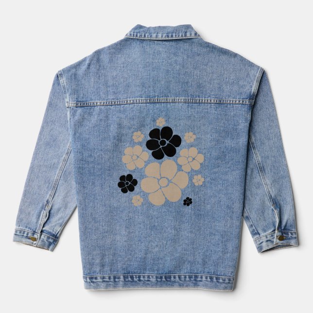 Trendy Flower Pattern in Taupe, Black, and White Denim Jacket (Back)