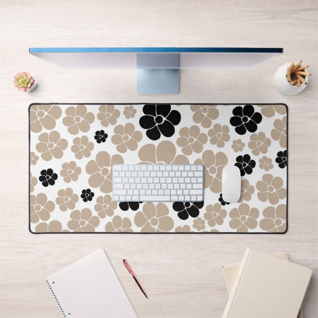 Trendy Flower Pattern in Taupe, Black, and White  Desk Mat (Office 1)