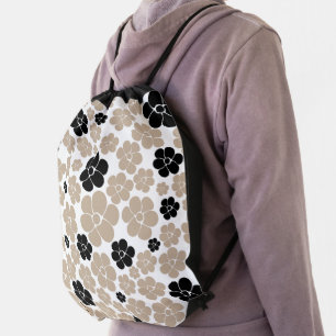 Trendy Flower Pattern in Taupe, Black and White Drawstring Bag