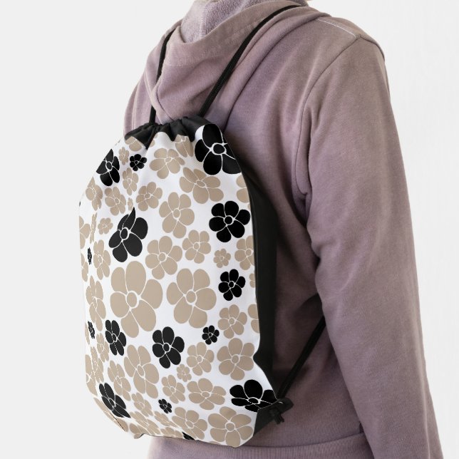 Trendy Flower Pattern in Taupe, Black and White Drawstring Bag (Insitu)