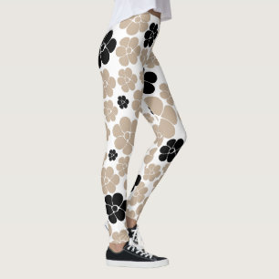 Trendy Flower Pattern in Taupe, Black, and White Leggings