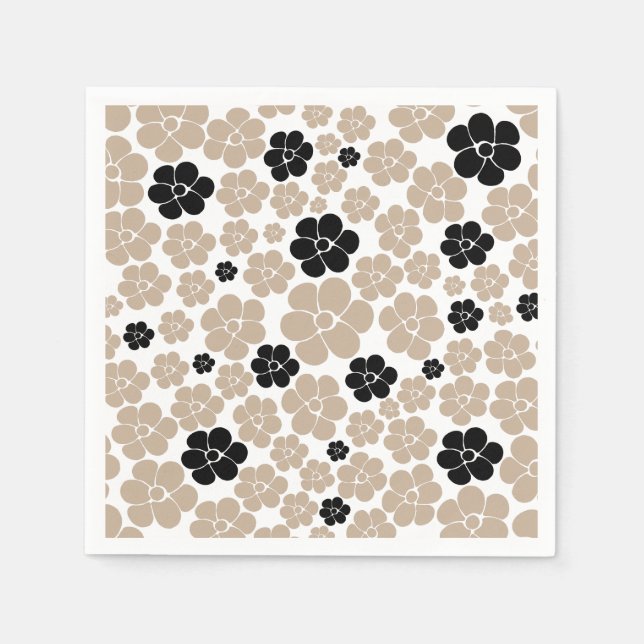 Trendy Flower Pattern in Taupe, Black, and White Napkins (Front)