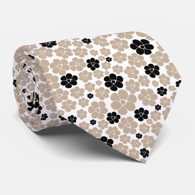 Trendy Flower Pattern in Taupe, Black, and White  Neck Tie (Rolled)