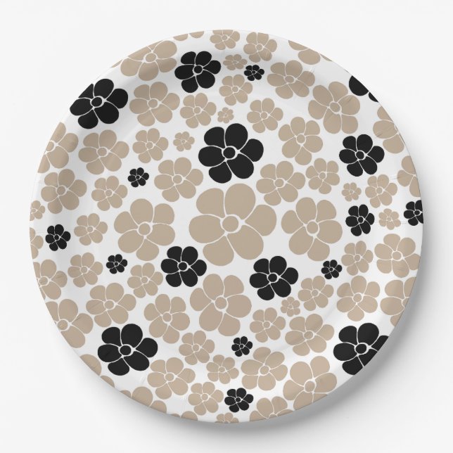 Trendy Flower Pattern in Taupe, Black, and White Paper Plates (Front)