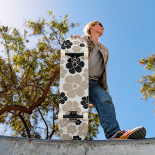 Trendy Flower Pattern in Taupe, Black and White Skateboard