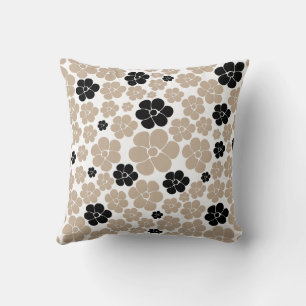 Trendy Flower Pattern in Taupe, Black, and White Throw Pillow