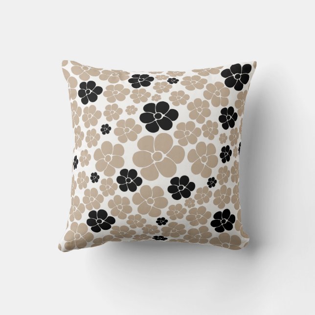 Trendy Flower Pattern in Taupe, Black, and White  Throw Pillow (Back)