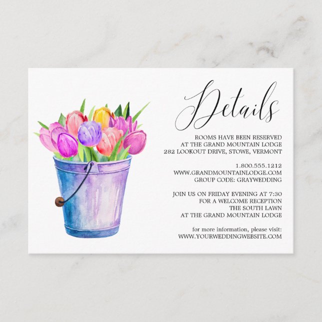 Trendy Flower Tulips Bucket Wedding Details Card (Front)