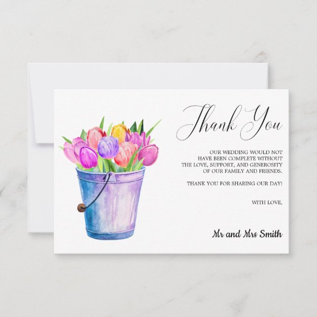 Trendy Flower Tulips Bucket Wedding Thank you Card (Front)
