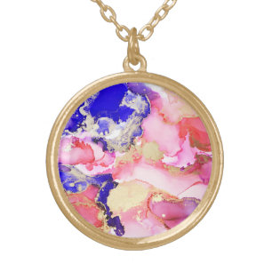Trendy Fluid Swirls Gold Pink Purple Abstract Gold Plated Necklace