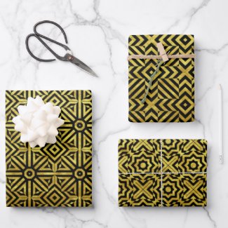 Trendy Foil Gold And Black Patterned Geometric  Wrapping Paper Sheets