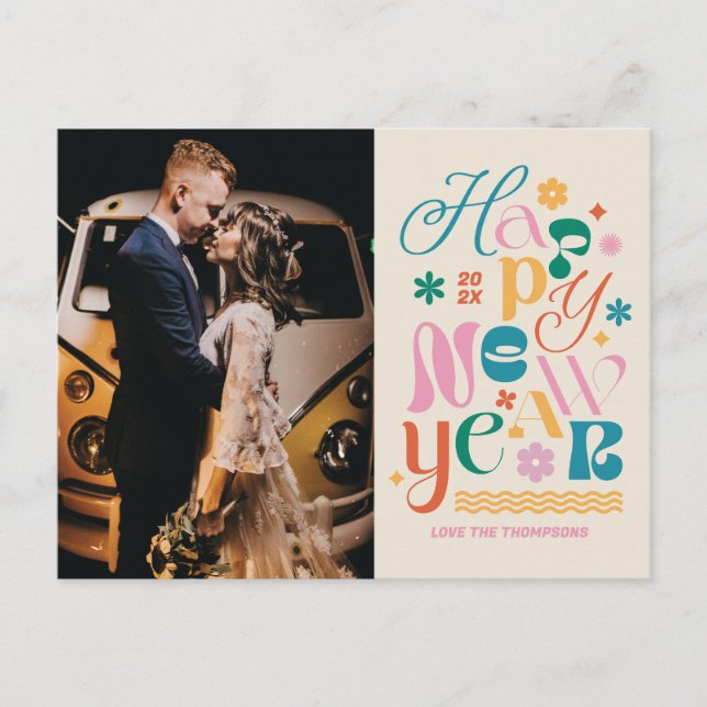 Trendy Font Mix New Year's Photo Holiday Postcard (Front)