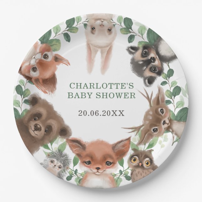 Trendy forest woodland animals baby shower favors paper plates (Front)